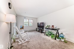 Living area with light-colored carpeting, white painted walls, and a large window - 