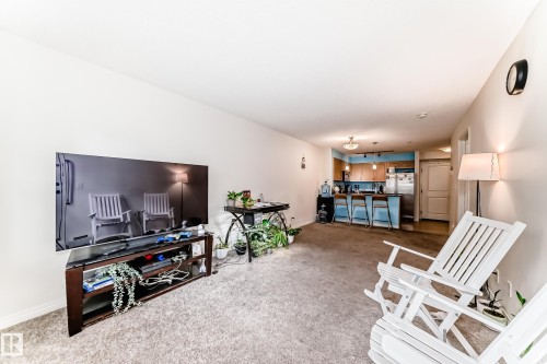 Open-concept living space featuring light-colored carpeting and white wall finishes - 113 11441 Ellerslie Road, Edmonton, AB - Indoor