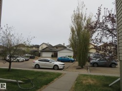 Front yard with a concrete walkway, green lawn, and mature trees - 