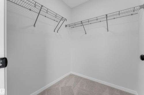 Walk-in closet featuring wire shelving, light gray wall paint, white trim, and gray patterned carpeting - 17330 6A Street Ne, Edmonton, AB - Indoor With Storage
