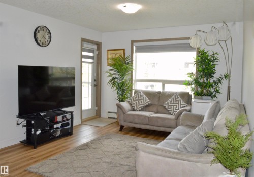 Living area featuring wood-finish flooring, white walls, and a large window with roller shades - 210 5005 165 Avenue, Edmonton, AB - Indoor Photo Showing Living Room