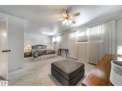 Carpeted bedroom featuring multiple windows with privacy blinds and sheer curtains, a ceiling fan with integrated lighting, and a neutral white wall finish - 
