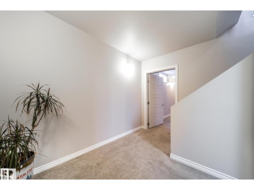 Carpeted hallway with light gray walls, white baseboards, and a contemporary five-panel interior door - 10231 46 Street, Edmonton, AB 