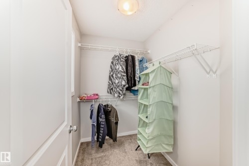 Walk-in closet featuring wire shelving, wire hanging rods, neutral wall paint, textured ceiling, and carpeting - 328 Watt Boulevard, Edmonton, AB - Indoor With Storage