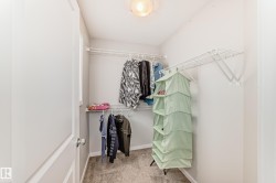 Walk-in closet featuring wire shelving, wire hanging rods, neutral wall paint, textured ceiling, and carpeting - 