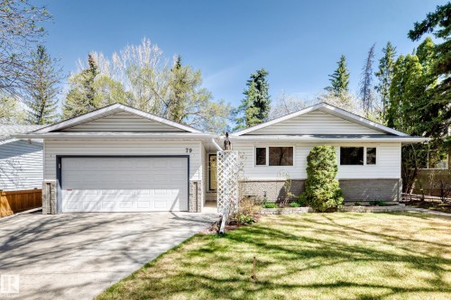 Ranch-style exterior with white siding and a contrasting stone facade - 79 Broadview Crescent, St. Albert, AB - Outdoor