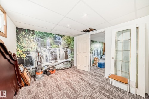 Room featuring patterned carpet, a decorative waterfall mural wall, white drop ceiling with recessed lighting, and a window with wood trim - 11303 60 Street, Edmonton, AB - Indoor Photo Showing Other Room