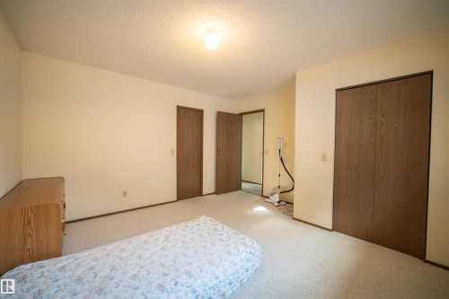 Carpeted room featuring multiple wood-finish doors and a ceiling-mounted light fixture - 4724 38B Avenue Nw, Edmonton, AB - Indoor Photo Showing Bedroom