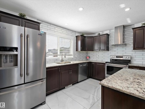 The kitchen features dark wood cabinetry, granite countertops, and stainless steel appliances - 9852 217 Street, Edmonton, AB - Indoor Photo Showing Kitchen With Upgraded Kitchen