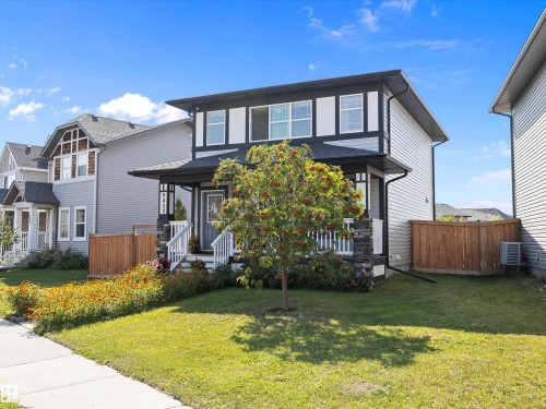 The property features a well-maintained lawn, a mature tree, and a wooden fence - 9852 217 Street, Edmonton, AB - Outdoor