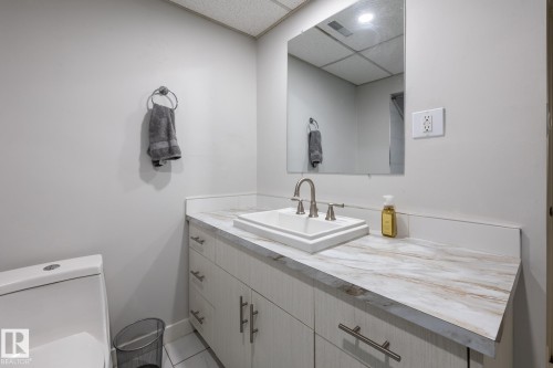 Modern vanity with a white rectangular basin, brushed nickel faucet, and a patterned countertop - 3004 68 Street, Edmonton, AB - Indoor Photo Showing Bathroom
