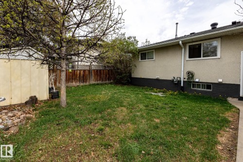 Fenced backyard featuring a mature tree, a storage shed, and a concrete patio section - 3004 68 Street, Edmonton, AB - Outdoor