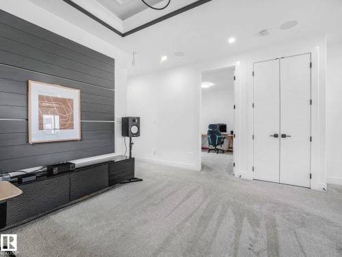 Media wall with horizontal paneling and integrated console - 16307 19 Avenue, Edmonton, AB - Indoor Photo Showing Other Room