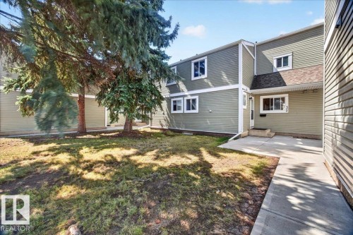 Exterior featuring light green siding with white trim, a concrete walkway, mature evergreen trees, and a ground-level patio - 32 1820 56 Street, Edmonton, AB - Outdoor