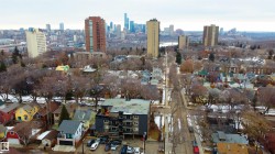 Aerial view showcasing a residential neighborhood with a variety of homes, tree-lined streets, and distant city skyline views - 