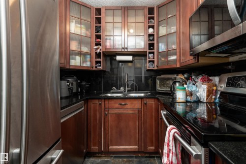 The kitchen features dark cabinetry, black countertops, and a black tile backsplash - 203 10003 87 Avenue, Edmonton, AB - Indoor Photo Showing Kitchen With Stainless Steel Kitchen With Double Sink