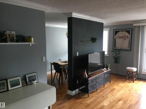 Living area featuring light wood flooring, light grey walls with white crown molding, and a partial wall dividing the living space - 203 10003 87 Avenue, Edmonton, AB - Indoor