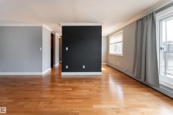 Rich wood-finish flooring complemented by light gray and accent black walls - 