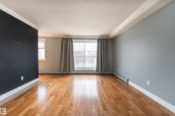 Spacious interior featuring wood-finish flooring, light gray walls, white baseboards, and crown molding - 