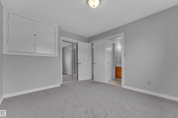 Carpeted interior space featuring light gray walls, white trim, a built-in storage unit, and a mirrored sliding closet door - 
