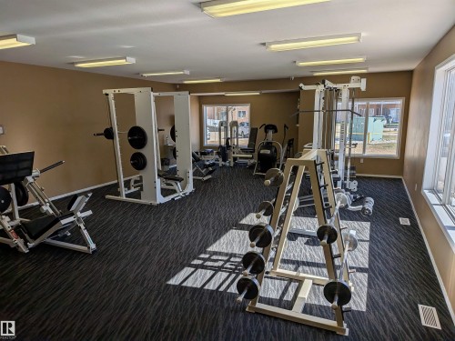 Dedicated fitness center featuring multiple strength training stations, cardio equipment, recessed fluorescent lighting, and durable carpet flooring - 419 4304 139 Avenue, Edmonton, AB - Indoor Photo Showing Gym Room