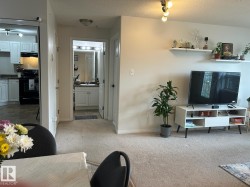 Carpeted living area featuring track lighting and wall-mounted shelving - 