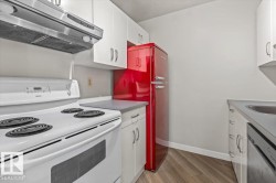 Kitchen featuring a vibrant red refrigerator, white cabinetry, a white electric range with a stainless steel range hood, grey countertops, and wood-finish flooring - 