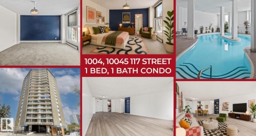 Property Listing Collage. Presenting a visual overview of a 1-bedroom, 1-bath condominium, including exterior building and interior spaces, along with a shared amenity - 1004 10045 117 Street, Edmonton, AB - Indoor