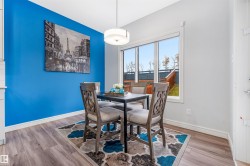 Dining area featuring wood-finish flooring and a bright accent wall - 