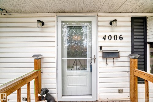 Entryway featuring a white storm door, white horizontal siding, black house numbers, and a black wall-mounted mailbox - 4006 115 Avenue, Edmonton, AB 