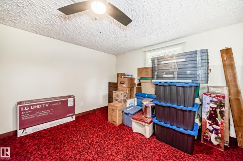 Room featuring red patterned carpet, white walls, and a textured white ceiling - 4006 115 Avenue, Edmonton, AB 
