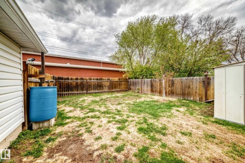 Expansive yard featuring a wooden privacy fence, a detached storage shed, and mature trees providing natural screening - 4006 115 Avenue, Edmonton, AB 