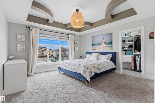 Spacious room featuring a tray ceiling with accent paint, a large multi-pane window, carpet flooring, and a built-in closet with shelving and hanging rods - 3312 11 Avenue, Edmonton, AB - Indoor Photo Showing Bedroom