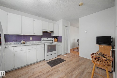 This kitchen features white cabinetry with white knobs, a purple tile backsplash, light-colored countertops, and an electric range - 6F Castle Terrace, Edmonton, AB - Indoor Photo Showing Kitchen