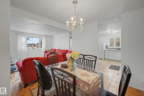 The dining area features a glass-top table with dark wooden chairs and an elegant chandelier - 6F Castle Terrace, Edmonton, AB - Indoor Photo Showing Dining Room