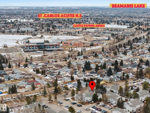 Aerial view of the property, indicated by a red pin, within a neighborhood featuring residential buildings and trees - 6F Castle Terrace, Edmonton, AB - Outdoor With View