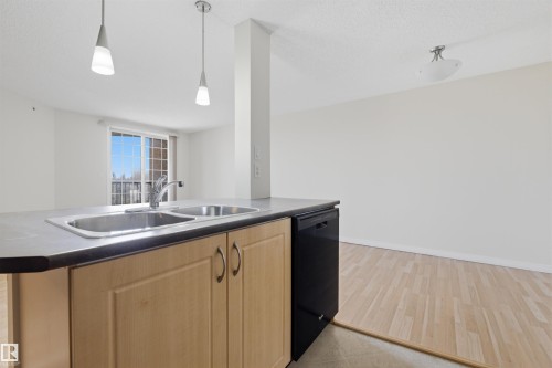Kitchen island with a double basin stainless steel sink, black countertop, and wood-finish cabinetry - 407 11453 Ellerslie Road Sw, Edmonton, AB - Indoor Photo Showing Kitchen With Double Sink