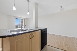 Kitchen island with a double basin stainless steel sink, black countertop, and wood-finish cabinetry - 