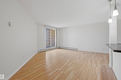 Bright living area featuring wood-finish flooring, white walls, and a large window with vertical mullions - 