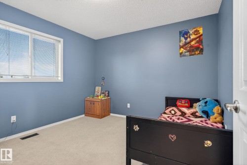 Bedroom featuring light blue walls, neutral carpet flooring, and a white-framed window with blinds - 3912 31 Street, Edmonton, AB 