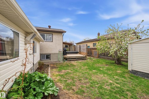 Expansive backyard featuring a manicured lawn, a wooden deck with steps, a blooming tree, and a storage shed - 18648 57 Avenue, Edmonton, AB - Outdoor