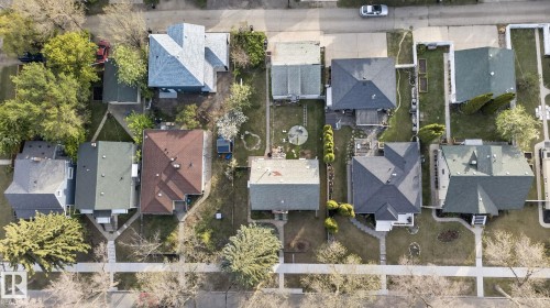 Residential street with multiple properties featuring mature trees, paved sidewalks, and diverse rooflines - 11614 70 Street, Edmonton, AB 