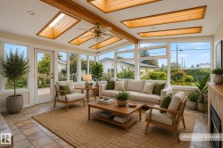 Sunroom featuring extensive windows, multiple skylights, exposed wood ceiling beams, a ceiling fan, and tile flooring - 