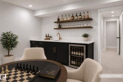 Built-in wet bar with dark cabinetry, white countertops, and a beverage refrigerator - 