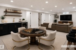 Lower level entertainment area featuring a built-in wet bar with dark cabinetry, integrated beverage cooler, and open shelving - 