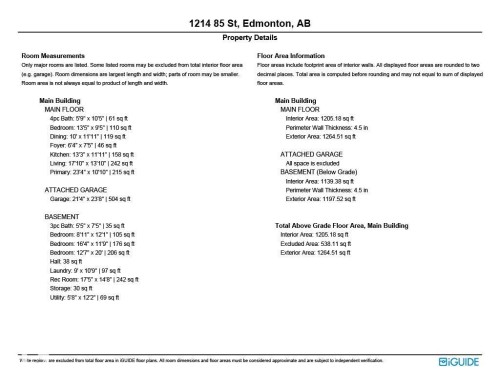 Property Details. Presenting room measurements and floor area information for the property - 1214 85 Street Nw, Edmonton, AB - Other