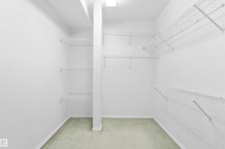 Walk-in closet with light green carpeting, white walls, and wire shelving system - 