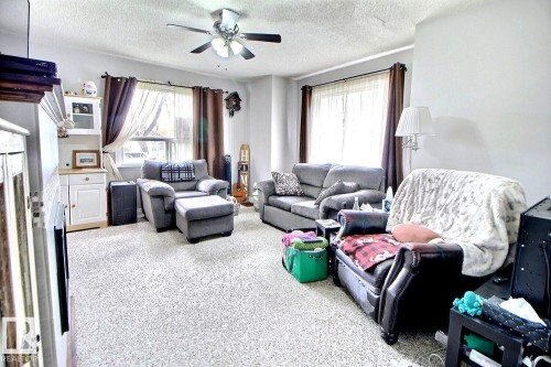 Living area featuring carpet flooring and multiple windows with curtain rods - 11626 87 Street, Edmonton, AB - Indoor Photo Showing Living Room