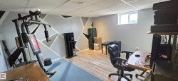 Finished lower level featuring a drop ceiling, recessed lighting, and a combination of wood-finish flooring and carpeting - 