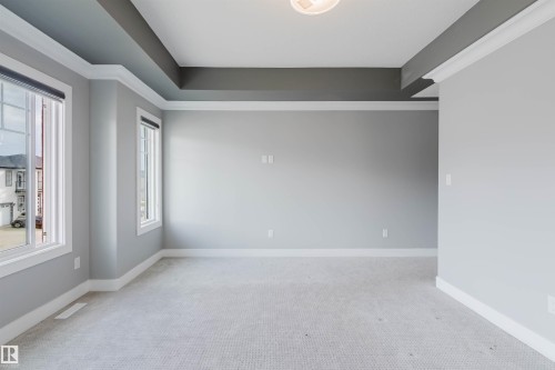 Spacious room featuring light gray wall paint, crisp white trim, and a tray ceiling with a darker accent color - 17030 62 Street, Edmonton, AB - Indoor Photo Showing Other Room